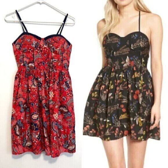 NEW NWT BOG COLLECTIVE BAND OF GYPSIES Red Navy Blue Floral Bustier Mini Dress M - Picture 1 of 15